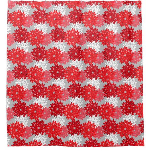 Moderne florale Kimono Print, Korallenrot und Grau Duschvorhang (Vorderseite)