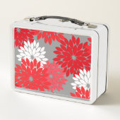 Moderne florale Kimono Print, Korallenrot und Grau Metall Brotdose (Rückseite)