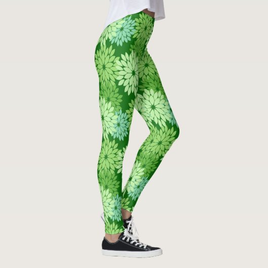 Moderne florale Kimono Print, Limettengrün Leggings (Rechts)