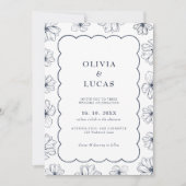 Moderne florale Kunstwelle Frame Blue Wedding Einladung (Vorderseite)