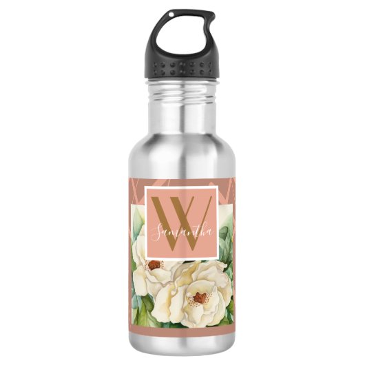 Moderne florale Magnolia-Rose Gold Monogramm Name Edelstahlflasche (Vorderseite)