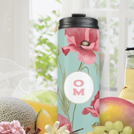 Moderne florale Monogram Pink Türkis Poppe Thermosbecher