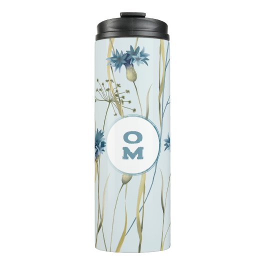 Moderne florale Monogram Soft Blue Cornflores Thermosbecher (Vorderseite)