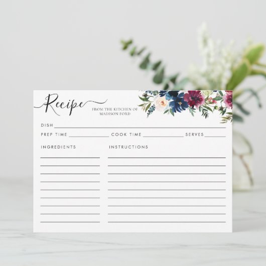 Moderne florale Navy Blue Burgundy Red Recicard (Stehend Vorderseite)