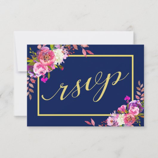 Moderne florale Navy Blue Gold Wedding RSVP Card (Vorderseite)