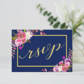 Moderne florale Navy Blue Gold Wedding RSVP Card (Stehend Vorderseite)