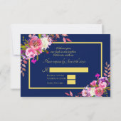 Moderne florale Navy Blue Gold Wedding RSVP Card (Rückseite)