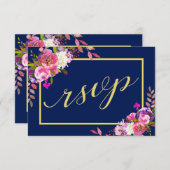 Moderne florale Navy Blue Gold Wedding RSVP Card (Vorne/Hinten)