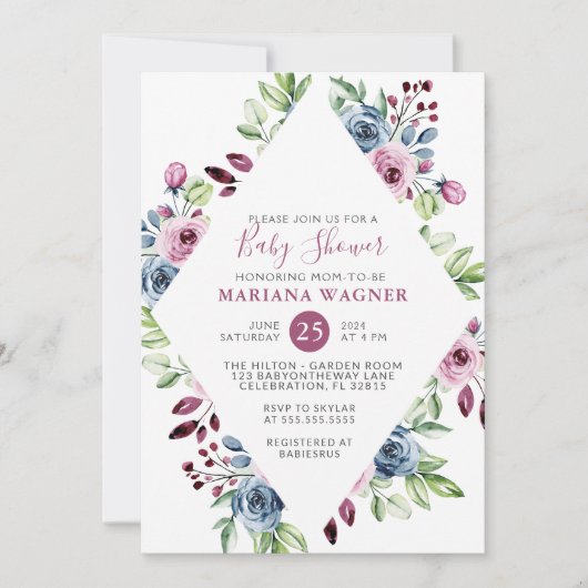 Moderne florale Navy Burgundy Babydusche Einladung (Vorderseite)