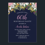 Moderne florale Navy Pink 60. Geburtstag Einladung<br><div class="desc">Hübschere Einladungen zum Geburtstag im Kleinen Bayleigh Store!</div>