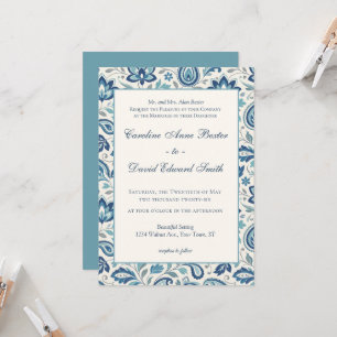 Moderne Florale Paisley Blau und Grün Hochzeit Einladung