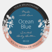 Moderne florale Produktkennzeichnungen Ocean Blue Runder Aufkleber (Vorderseite)