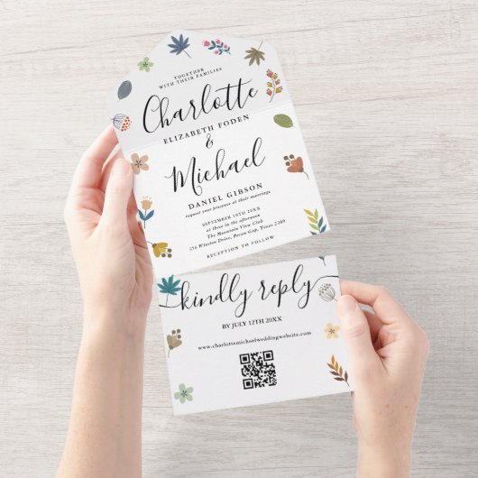 Moderne florale QR Code Signature Script Hochzeit All In One Einladung (Abreißen)