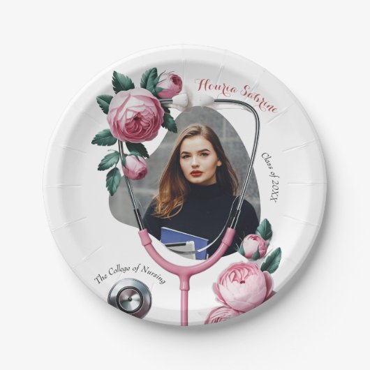 Moderne Florale Rosa Rosen Stethoskop Abschluss Pappteller (Vorderseite)