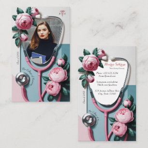 Moderne Florale Rosa Rosen Stethoskop Absolvent Na Visitenkarte