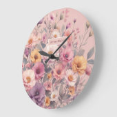 Moderne florale Rose pink mädchenhaft elegant stil Große Wanduhr (Winkel)