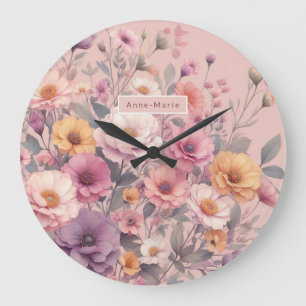 Moderne florale Rose pink mädchenhaft elegant stil Große Wanduhr