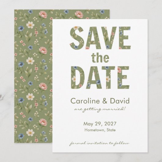 Moderne Florale Salbei-Grüne Einfache Hochzeit Save The Date (Vorne/Hinten)