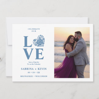 Moderne Florale Staubblaue Herz Foto Hochzeit TLW2 Save The Date