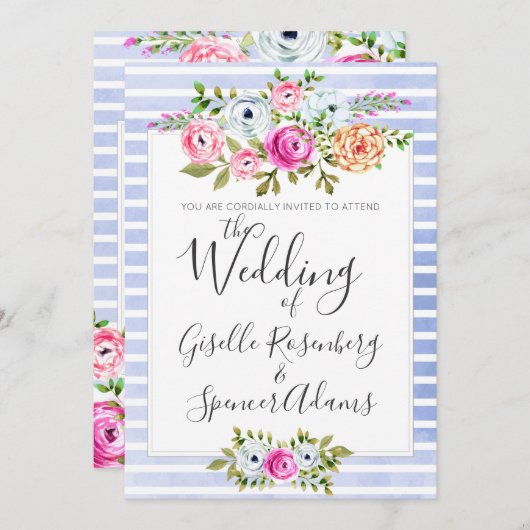 Moderne florale Wasserfarben Streifen Hochzeit Ein Einladung (Vorne/Hinten)