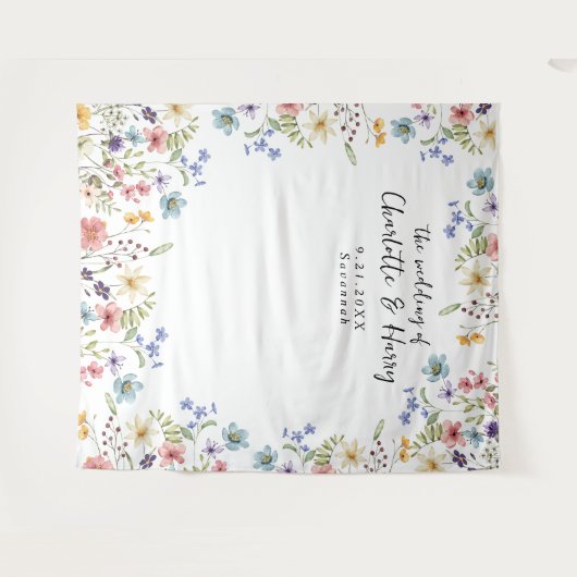 Moderne florale Wildblumen Hochzeitsszenario im Fo Wandteppich (Vorderseite (Horizontal))