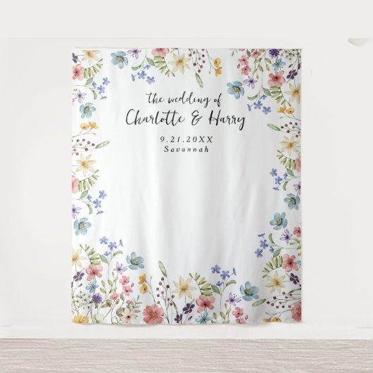 Moderne florale Wildblumen Hochzeitsszenario im Fo Wandteppich (Vorderseite)