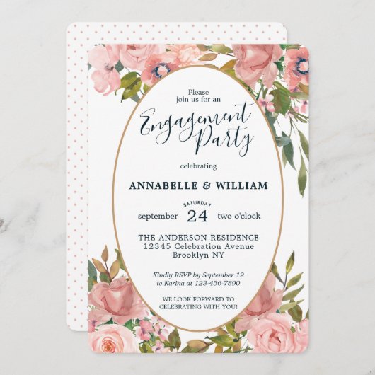 Moderne floralrosa Blush Gold Engagement Party Einladung (Vorne/Hinten)