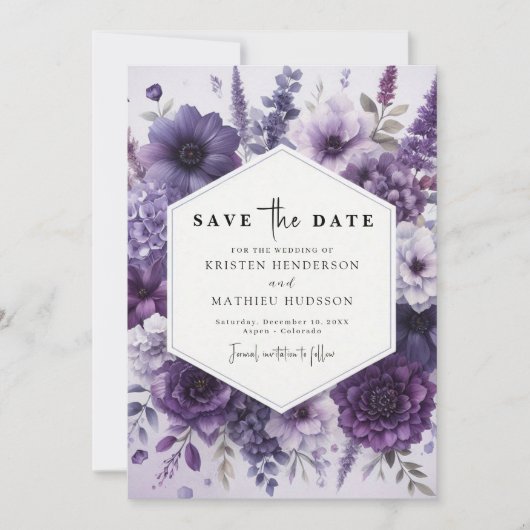 Moderne Florals Lila Blumenhochzeit Save The Date (Vorderseite)