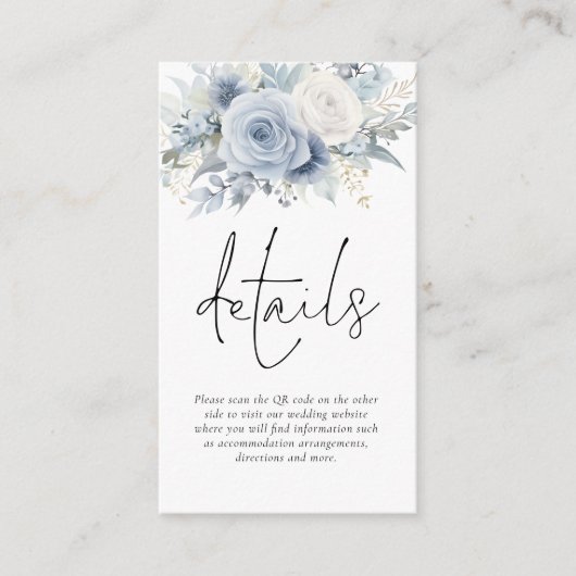Moderne Florals QR Code Dusty Blue Wedding Details Begleitkarte (Vorderseite)