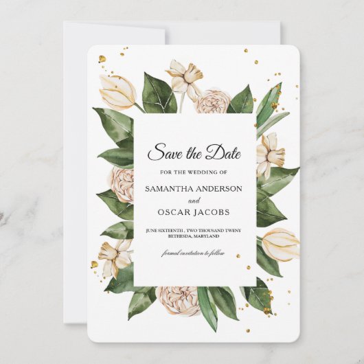 Moderne, florengrüne und gelbe Rahmen Save The Date (Vorderseite)