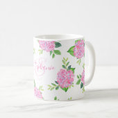 Moderne florrosa Hydrangea Wasserfarbenmonogramm Kaffeetasse (VorderseiteRechts)
