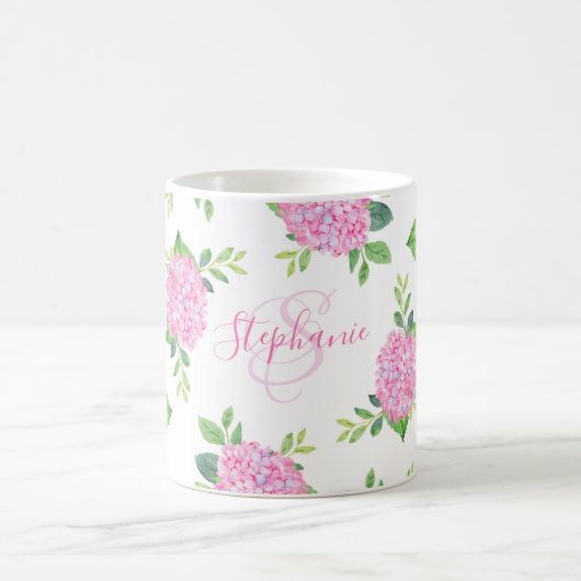 Moderne florrosa Hydrangea Wasserfarbenmonogramm Kaffeetasse (Mittel)