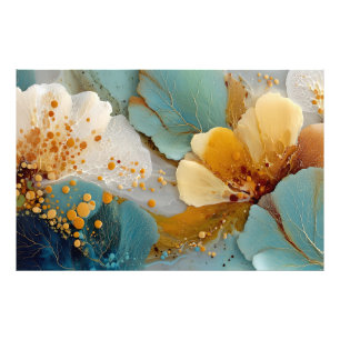 Moderne Fluid Abstract Teal Gold Blasen und Adern Fotodruck