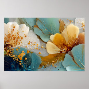 Moderne Fluid Abstract Türkis Gold Blasen & Adern Poster