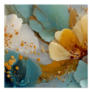 Moderne Fluid Abstract Türkis Gold Blasen und Ader Poster