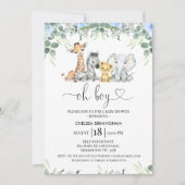 Moderne Foliage Blue Floral Safari Baby Dusche Einladung (Vorderseite)