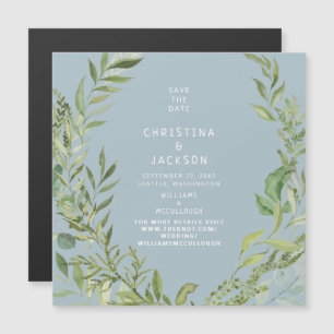 Moderne Foliage Dusty Blue Wedding rettet das Datu Magneteinladung