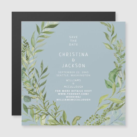 Moderne Foliage Dusty Blue Wedding rettet das Datu Magneteinladung (Vorne/Hinten)