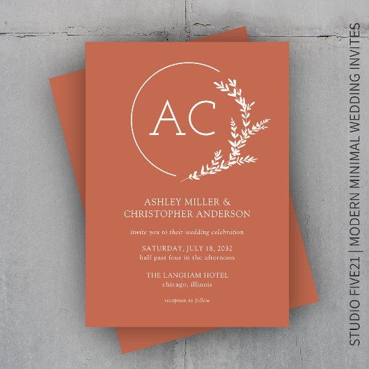 Moderne Foliage Frame Copper Red Wedding Einladung