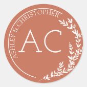 Moderne Foliage Frame Copper Red Wedding Runder Aufkleber (Vorderseite)