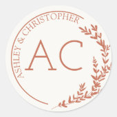 Moderne Foliage Frame Copper Red Wedding Runder Aufkleber (Vorderseite)