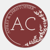 Moderne Foliage Frame Crimson Red Wedding Runder Aufkleber (Vorderseite)