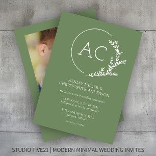 Moderne Foliage Frame Mute Green Foto Hochzeit Einladung