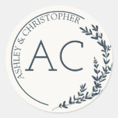 Moderne Foliage Frame Navy Blue Wedding Runder Aufkleber (Vorderseite)