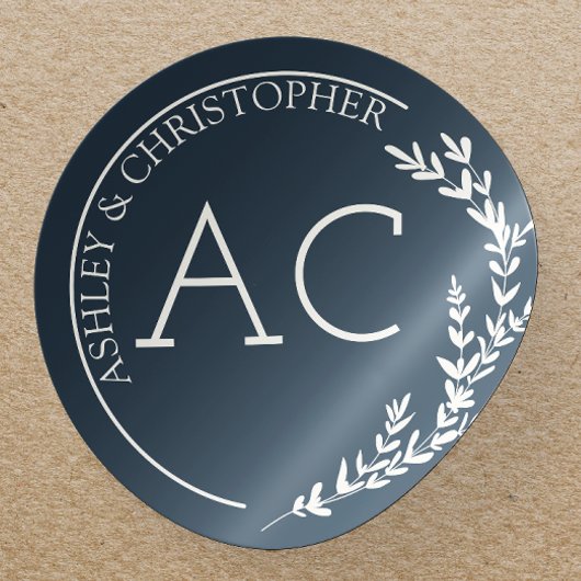 Moderne Foliage Frame Navy Blue Wedding Runder Aufkleber