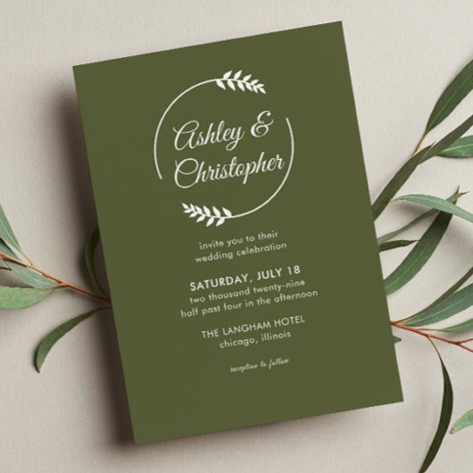 Moderne Foliage Frame Olive Green Wedding Einladung
