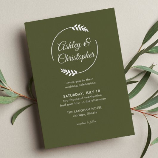 Moderne Foliage Frame Olive Green Wedding Folieneinladung