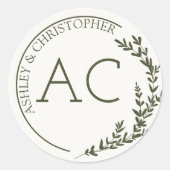 Moderne Foliage Frame Olive Green Wedding Runder Aufkleber (Vorderseite)