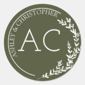 Moderne Foliage Frame Olive Green Wedding Runder Aufkleber (Vorderseite)