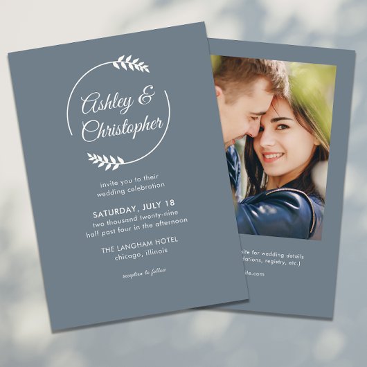 Moderne Foliage Frame Slate Gray Foto Wedding Einladung